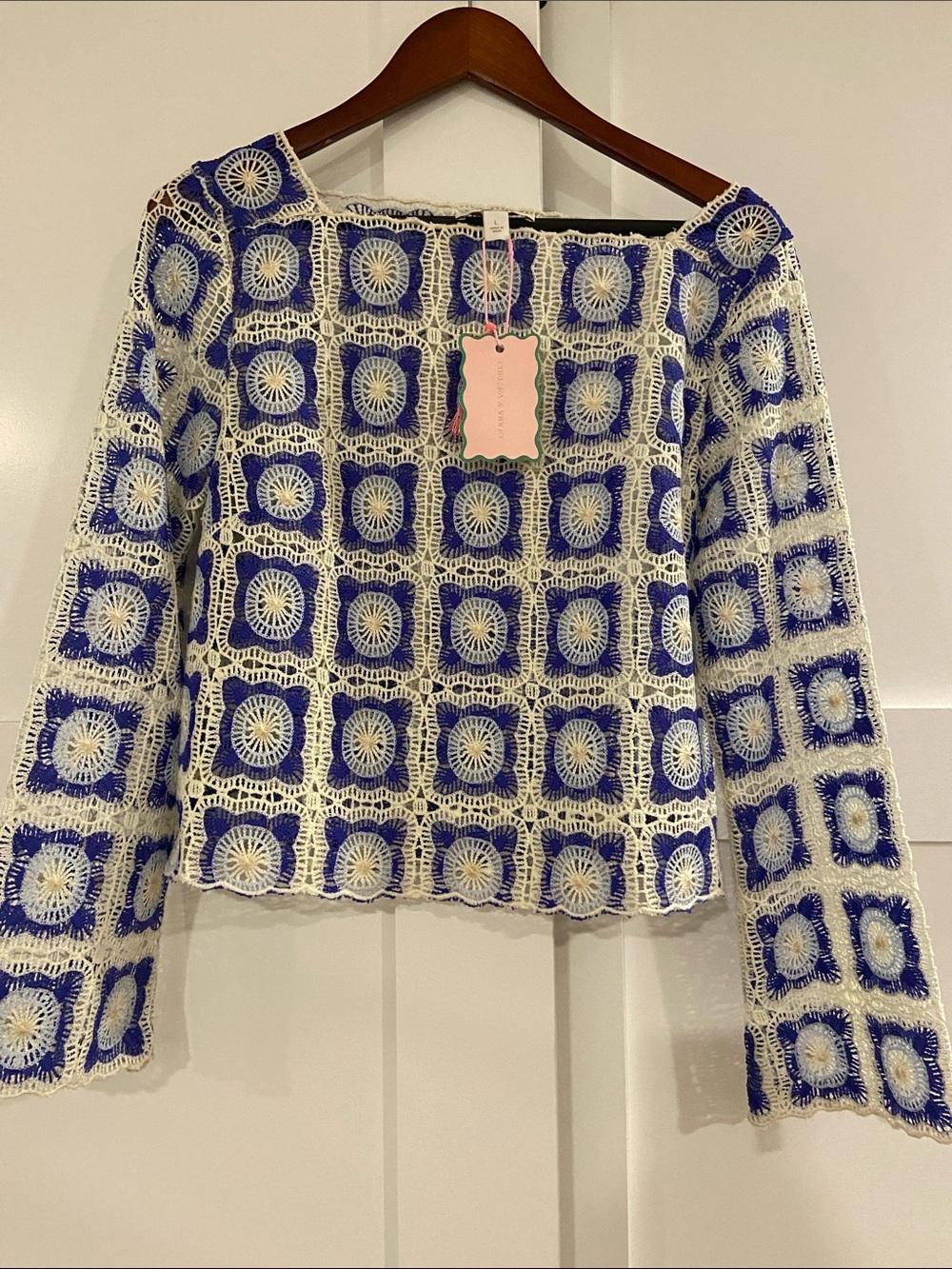 Women's Blue and Cream Crochet Square Knit Top